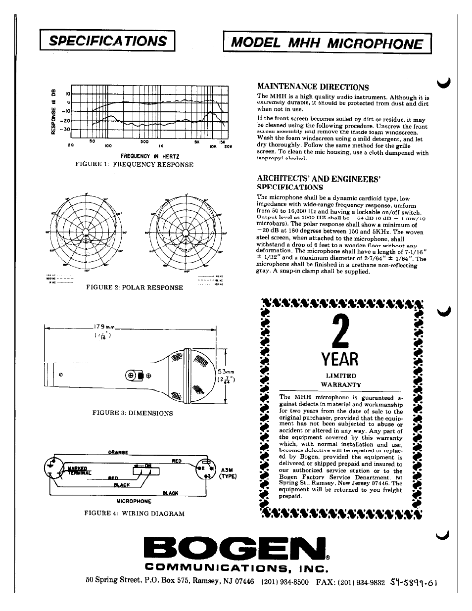 Specifications, Model mhh microphone, Communications. inc | Year, Specifications model mhh microphone | Bogen MHH User Manual | Page 2 / 2