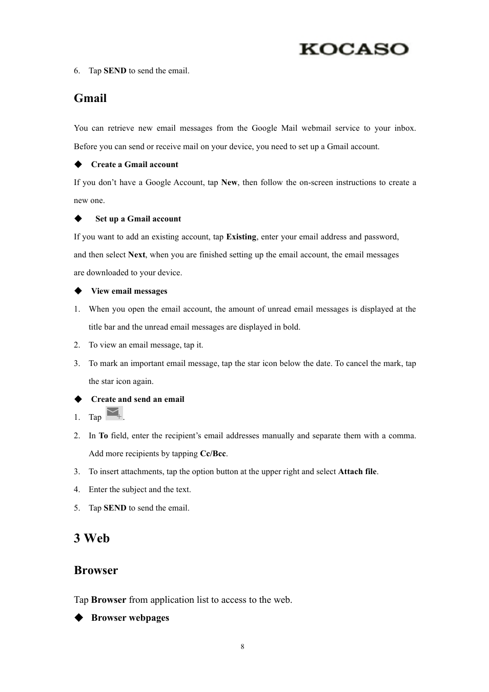 Gmail, 3web, Browser | 3 web | KOCASO Kmini User Manual | Page 10 / 22