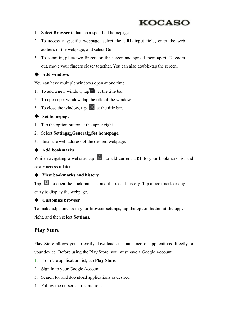 Playstore, Play store | KOCASO Kmini User Manual | Page 11 / 22