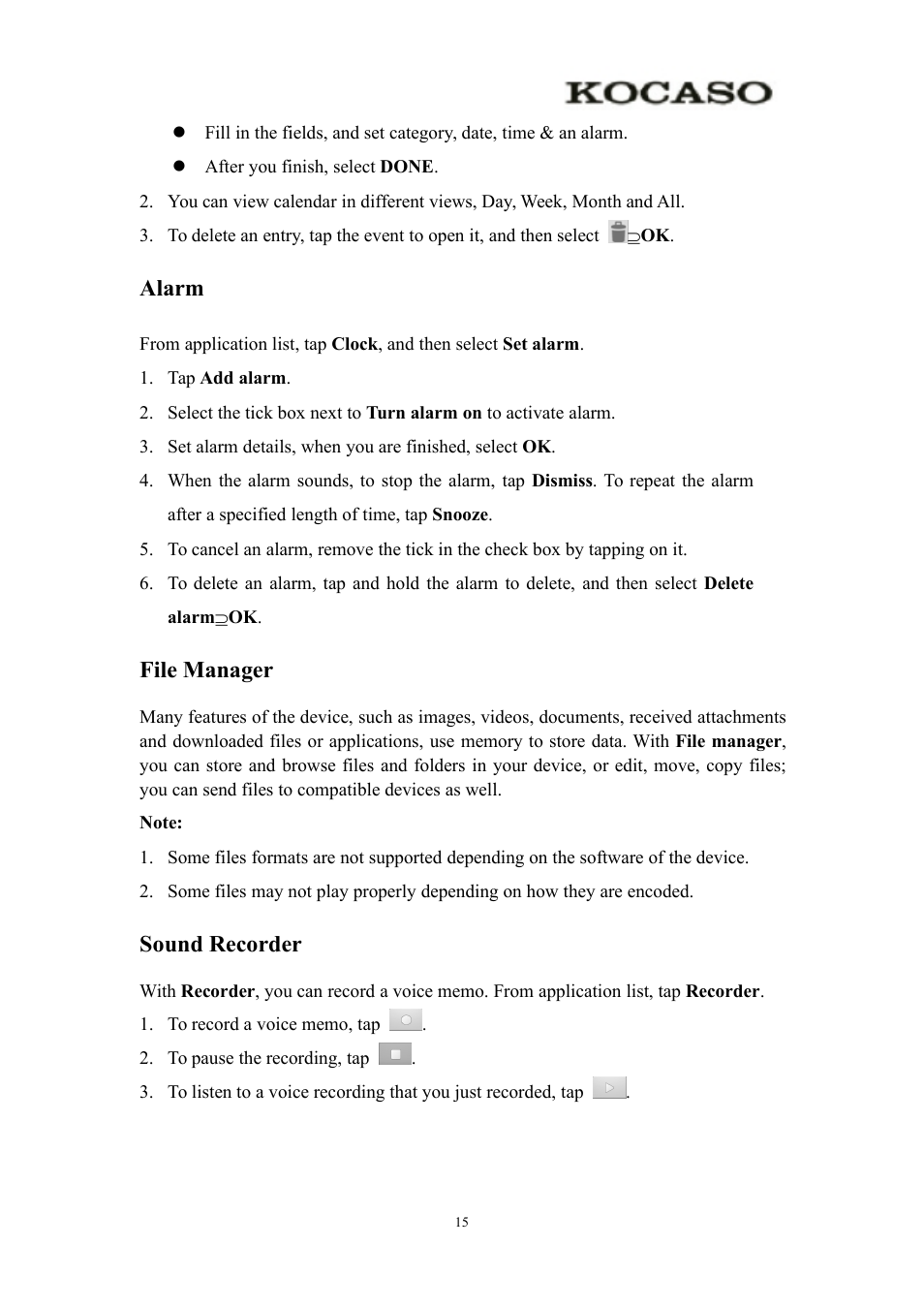 Alarm, Filemanager, Soundrecorder | Alarm file manager sound recorder, File manager, Sound recorder | KOCASO Kmini User Manual | Page 17 / 22