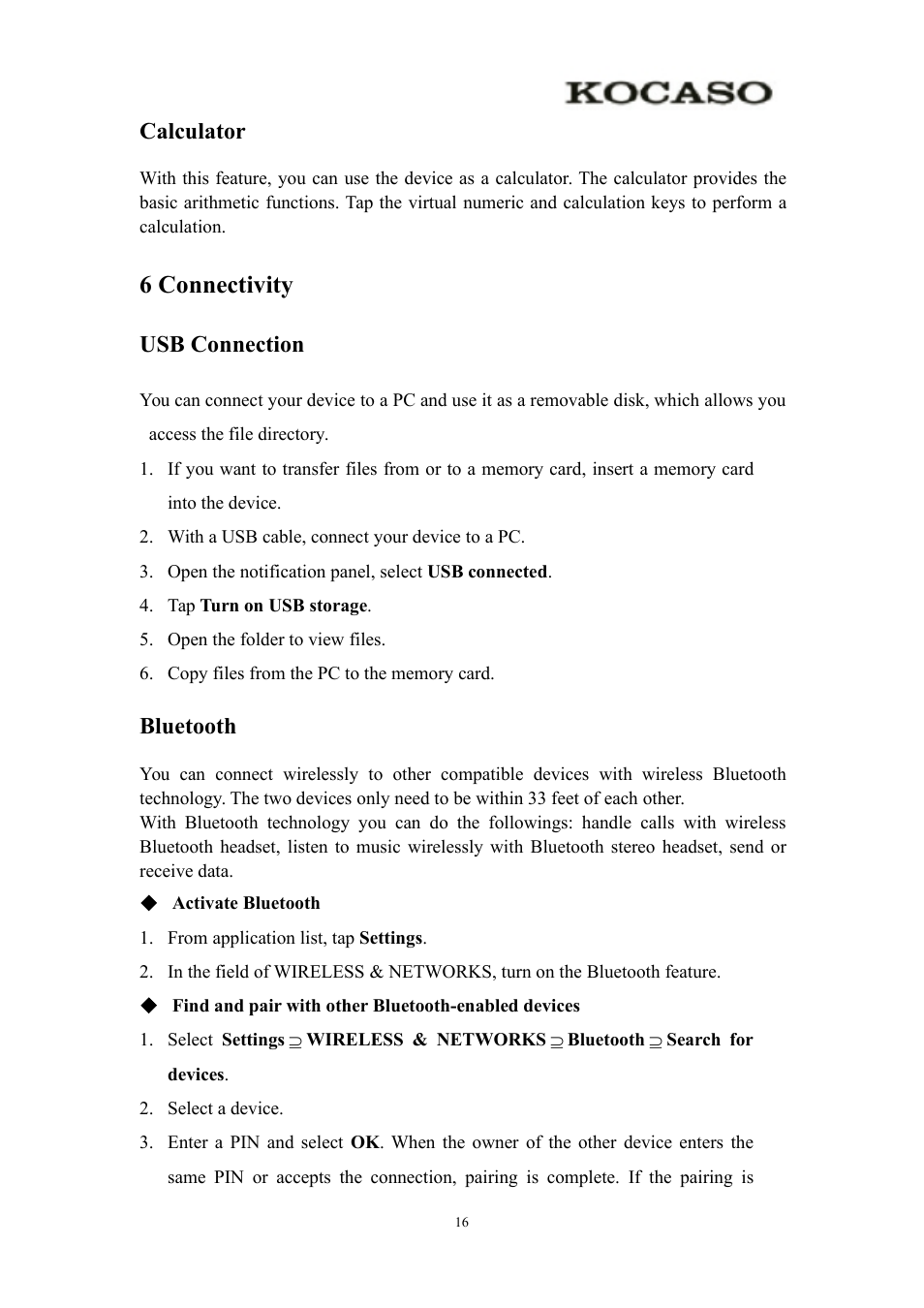 Calculator, 6connectivity, Usbconnection | Bluetooth, 6 connectivity, Usb connection bluetooth, Usb connection | KOCASO Kmini User Manual | Page 18 / 22