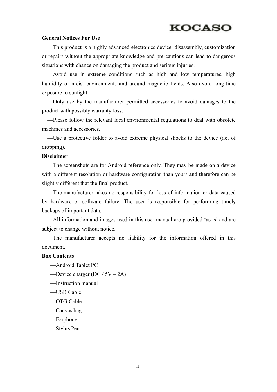 Generalnoticesforuse | KOCASO Kmini User Manual | Page 2 / 22