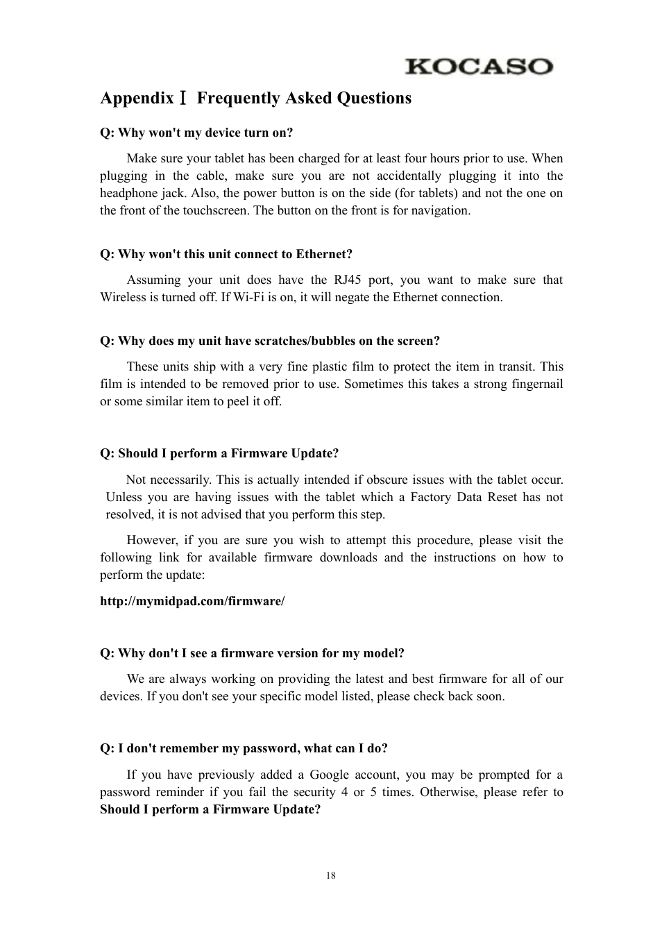AppendixⅠfrequentlyaskedquestions, Appendix Ⅰ frequently asked questions | KOCASO Kmini User Manual | Page 20 / 22