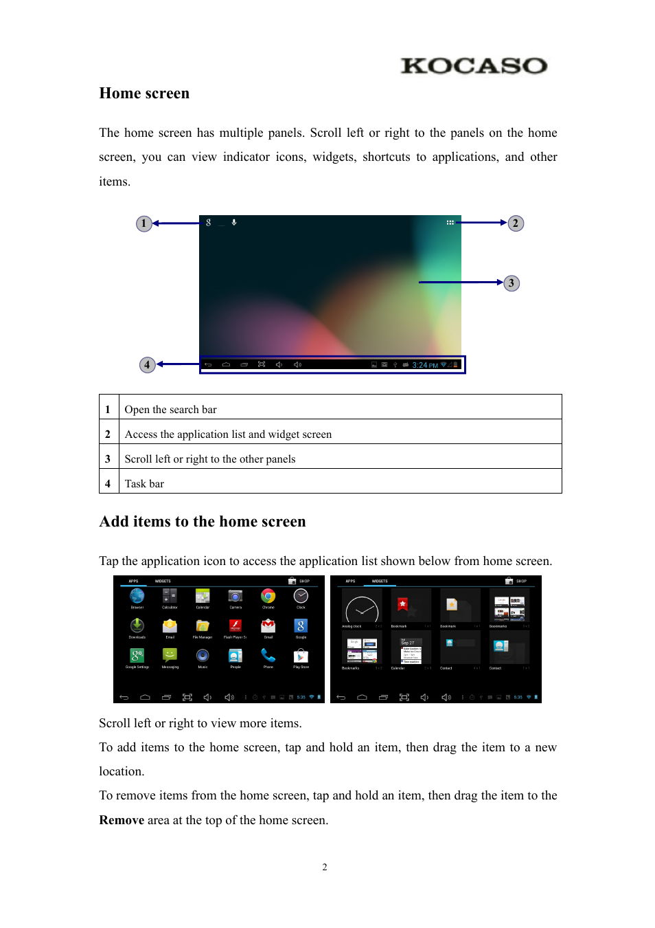 Homescreen, Additemstothehomescreen, Home screen add items to the home screen | Home screen, Add items to the home screen | KOCASO Kmini User Manual | Page 4 / 22
