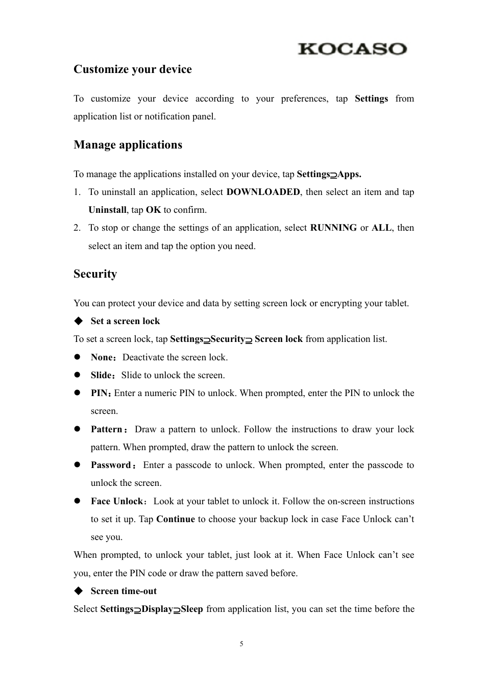 Customizeyourdevice, Manageapplications, Security | Customize your device manage applications security, Customize your device, Manage applications | KOCASO Kmini User Manual | Page 7 / 22