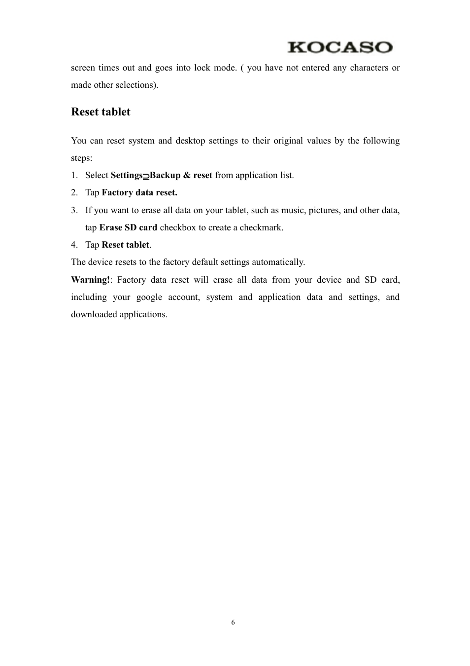 Resettablet, Reset tablet | KOCASO Kmini User Manual | Page 8 / 22