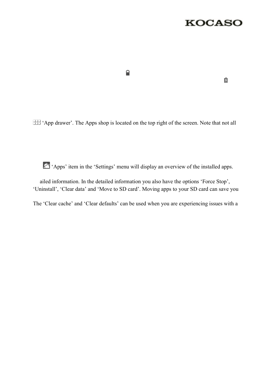 0 general operation, 1 battery status / charging your tablet, 2 installing apps | 3 administer / remove apps | KOCASO M1062 User Manual | Page 7 / 14