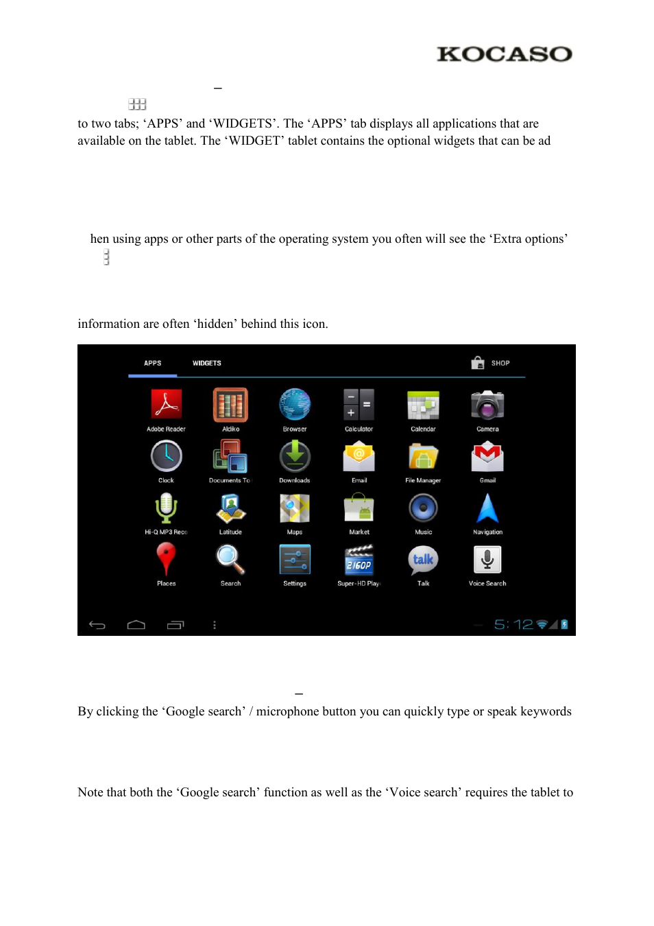 2 the app drawer – right top corner, 3 google search / voice search – left top corner | KOCASO M1063 User Manual | Page 5 / 13