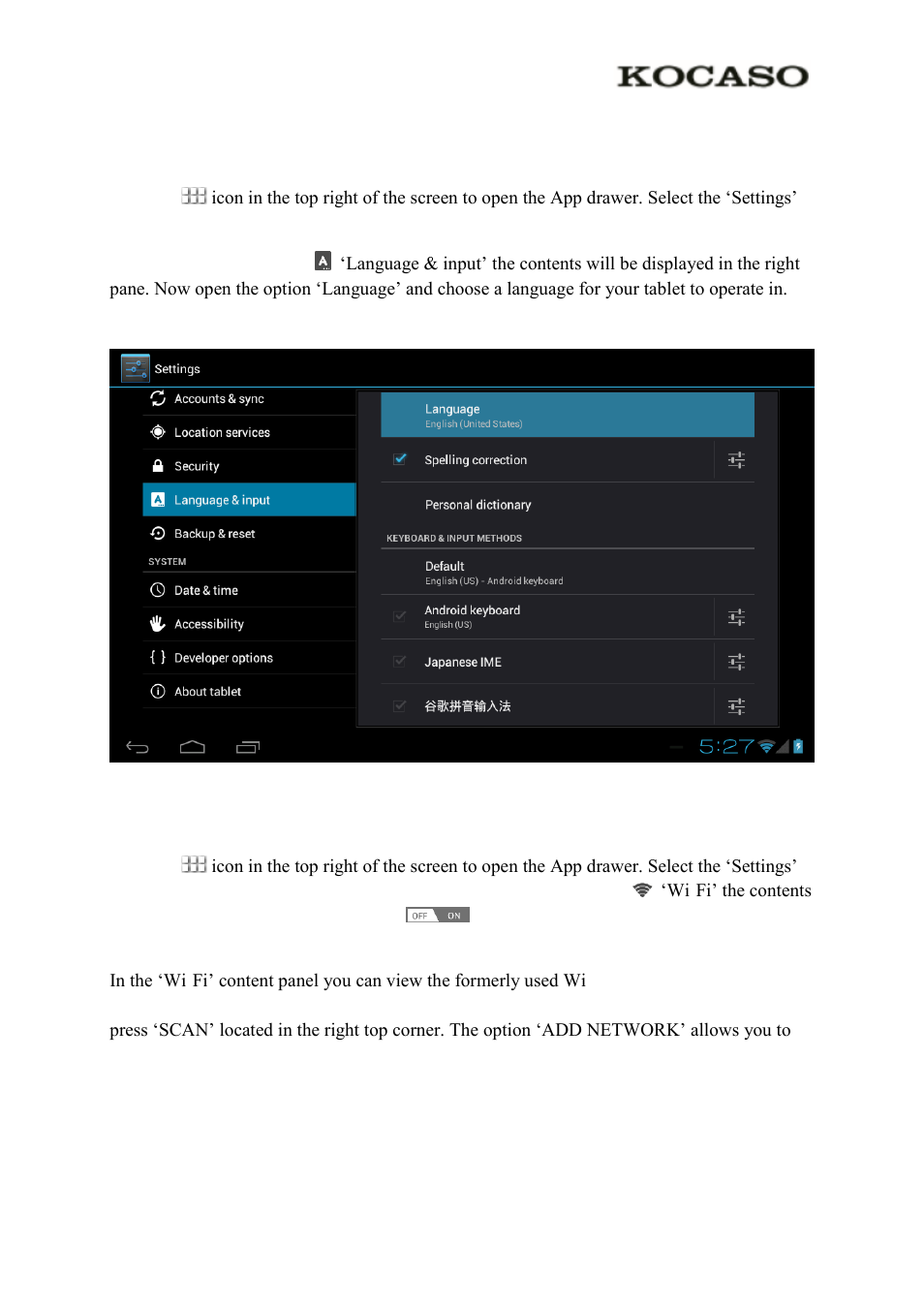 0 basic setup, 1 changing operating language, 2 wi-fi settings | KOCASO M1063 User Manual | Page 9 / 13