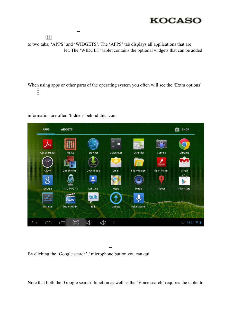 2 the app drawer – right top corner, 3 google search / voice search – left top corner | KOCASO M1066 User Manual | Page 5 / 14