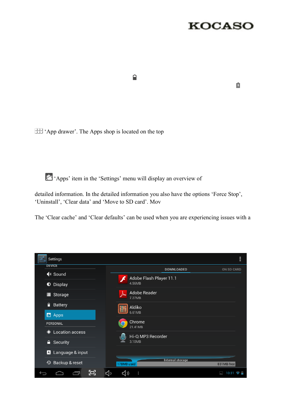 0 general operation, 1 battery status / charging your tablet, 2 installing apps | 3 administer / remove apps | KOCASO M1066 User Manual | Page 7 / 14