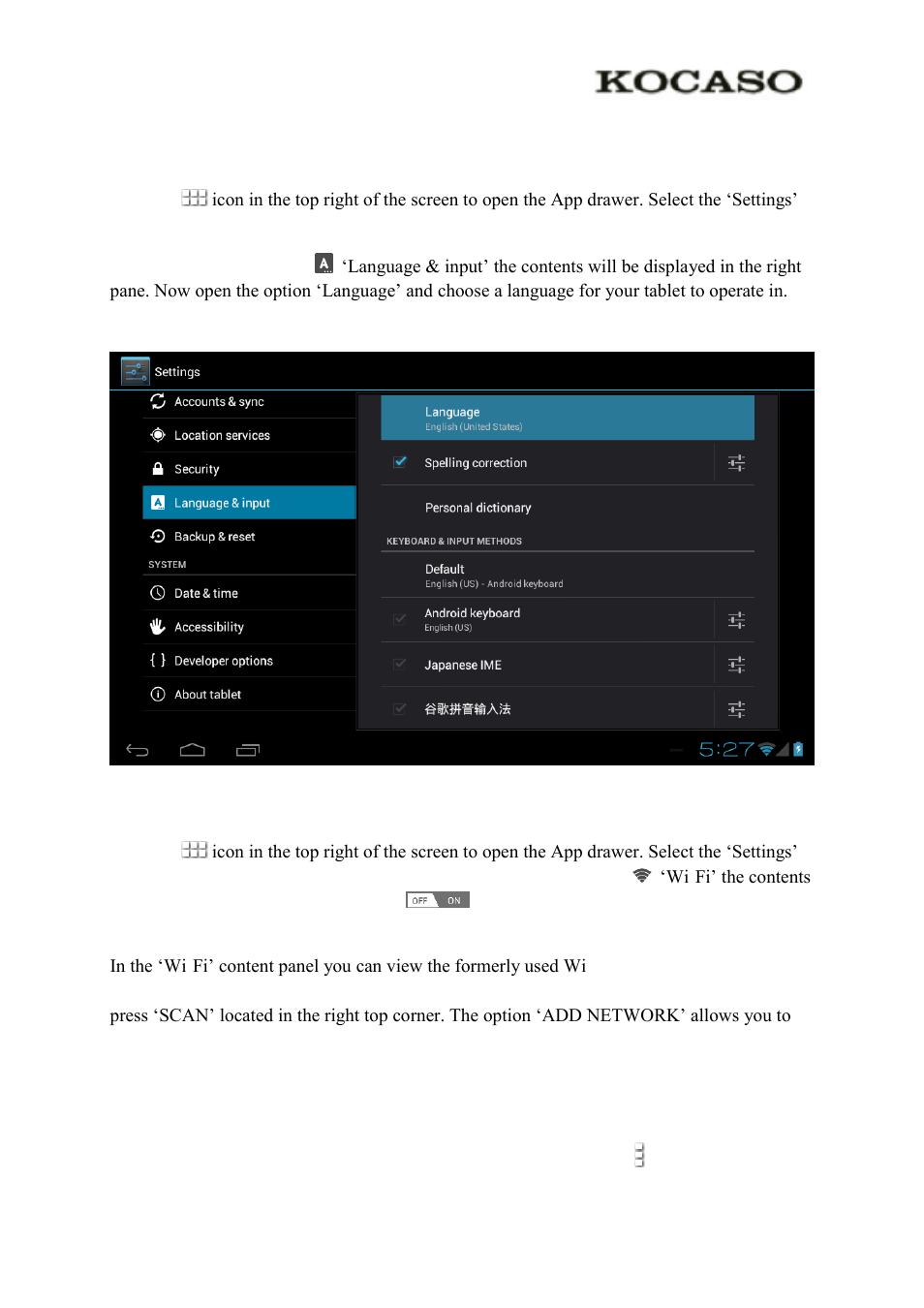 0 basic setup, 1 changing operating language, 2 wi-fi settings | KOCASO M1066 User Manual | Page 9 / 14