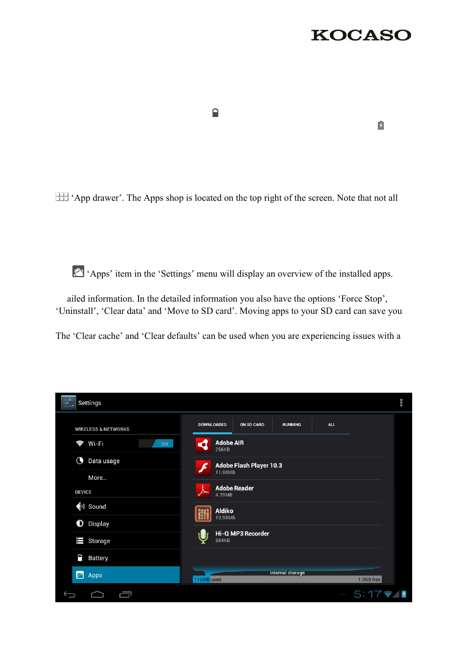 General operation, 1 battery status / charging your tablet, 2 installing apps | 3 administer / remove apps | KOCASO M736 User Manual | Page 7 / 13