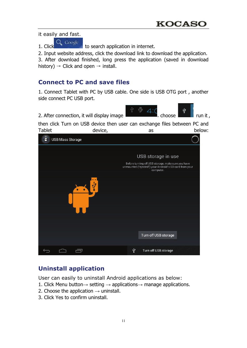 Connect to pc and save files, Uninstall application | KOCASO M750 User Manual | Page 16 / 36