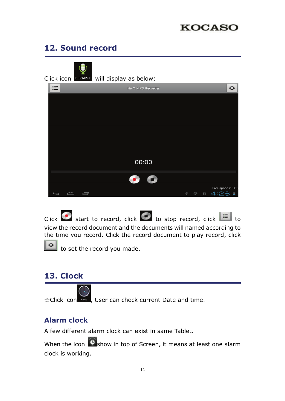Sound record, Clock, Alarm clock | KOCASO M750 User Manual | Page 17 / 36