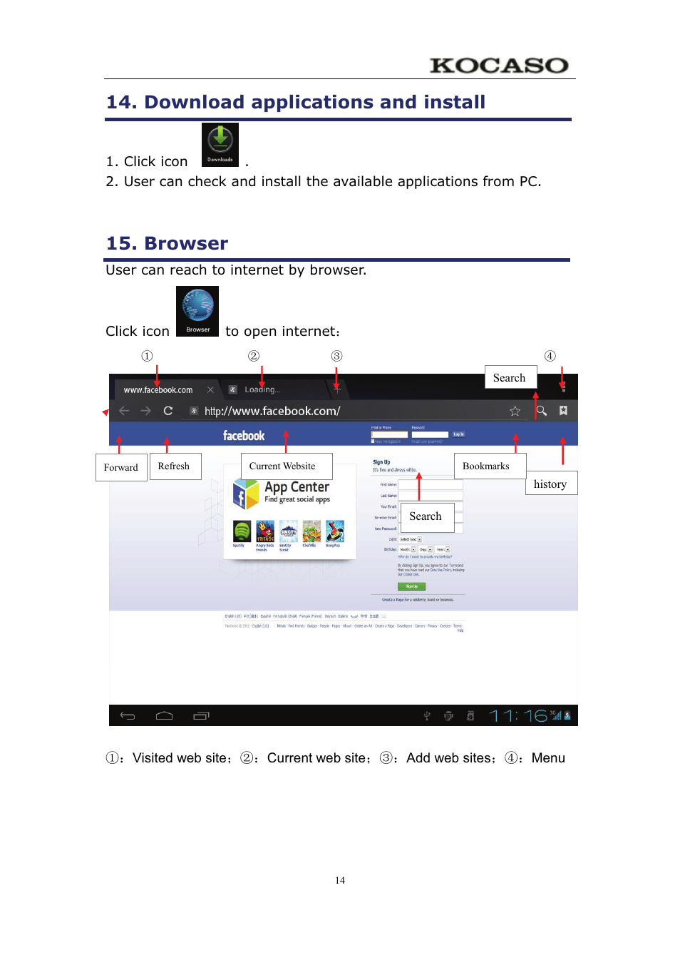 Download applications and install, Browser | KOCASO M750 User Manual | Page 19 / 36