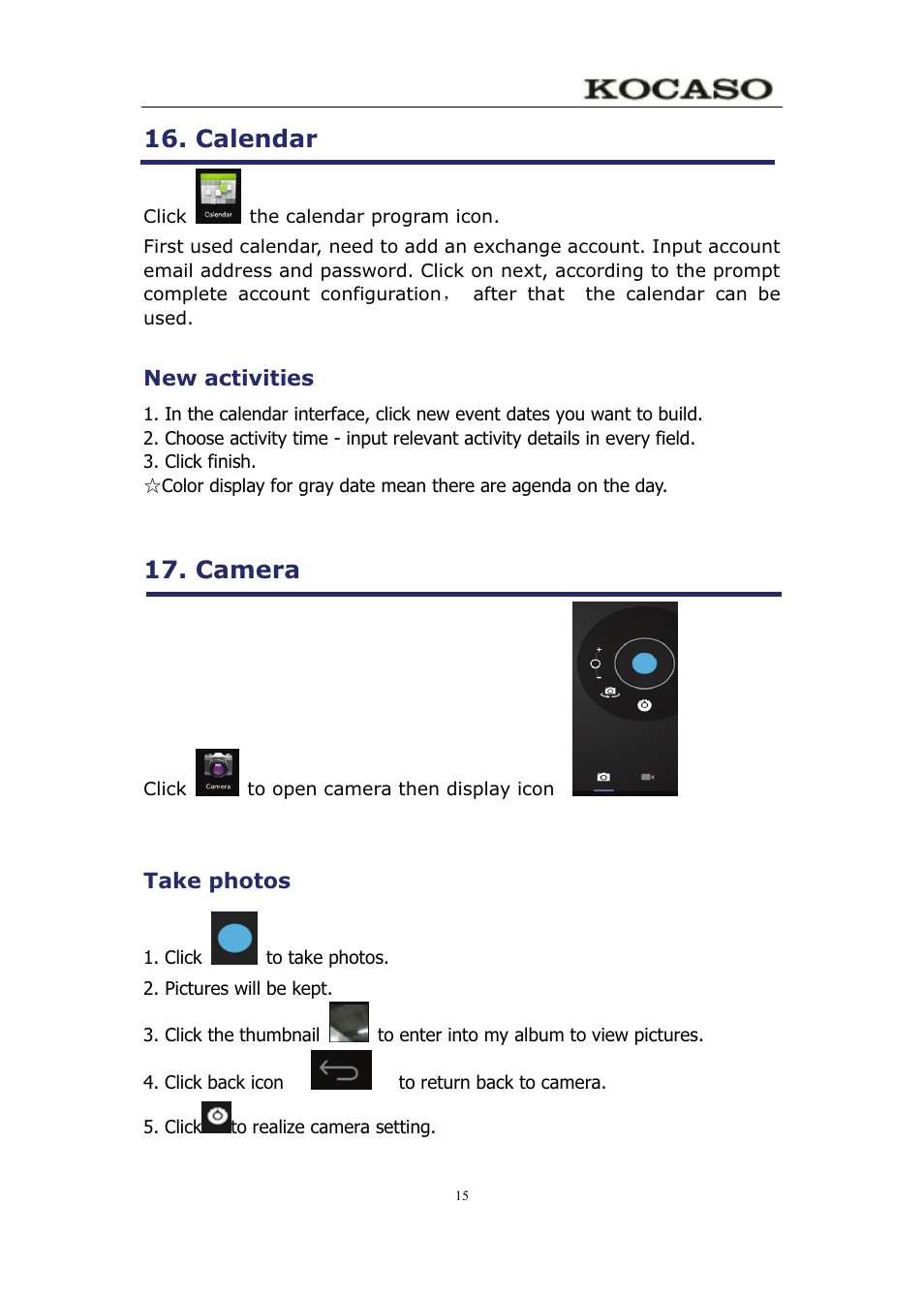 Calendar, Camera | KOCASO M750 User Manual | Page 20 / 36