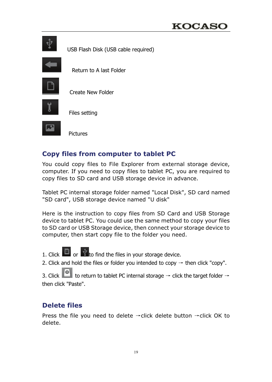 Copy files from computer to tablet pc, Delete files | KOCASO M750 User Manual | Page 24 / 36