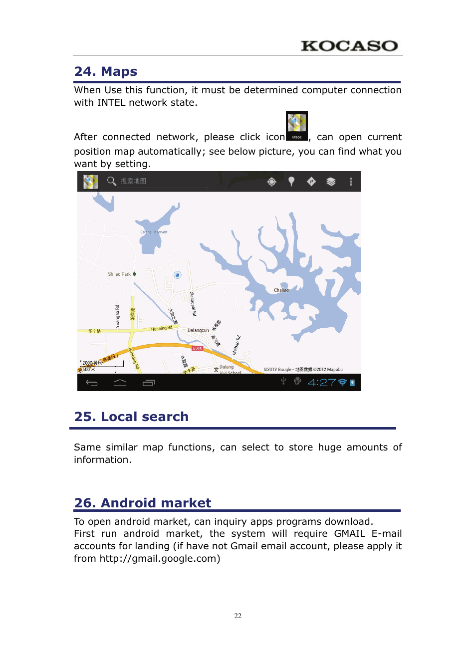 Maps, Local search, Android market | KOCASO M750 User Manual | Page 27 / 36