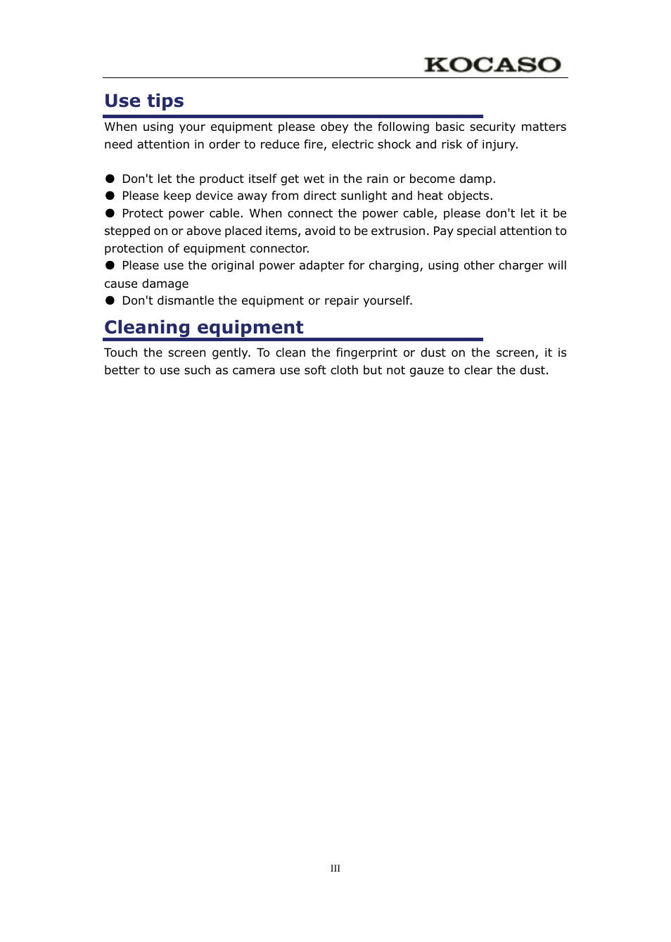 Use tips, Cleaning equipment | KOCASO M750 User Manual | Page 5 / 36