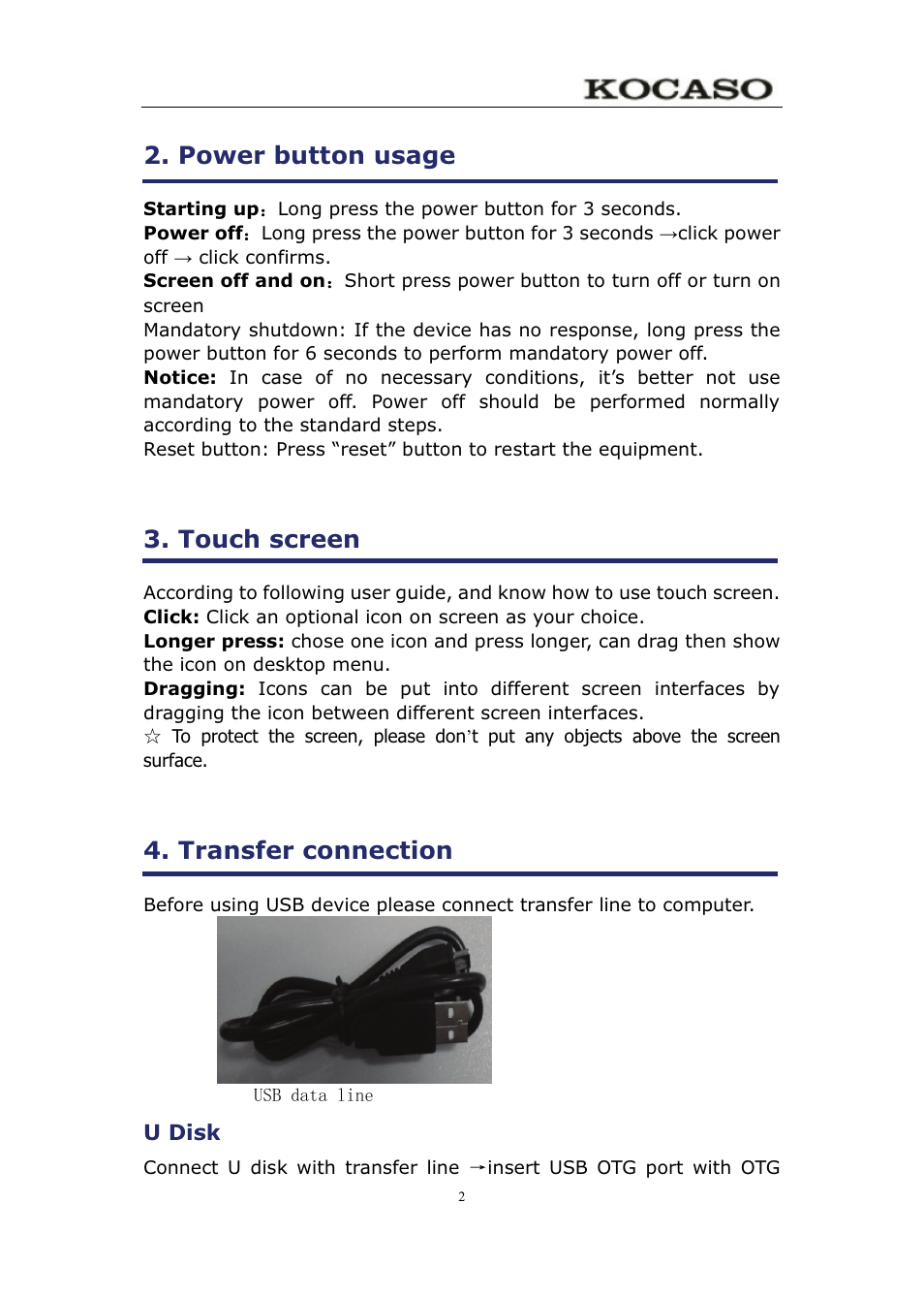 Power button usage, Touch screen, Transfer connection | KOCASO M750 User Manual | Page 7 / 36