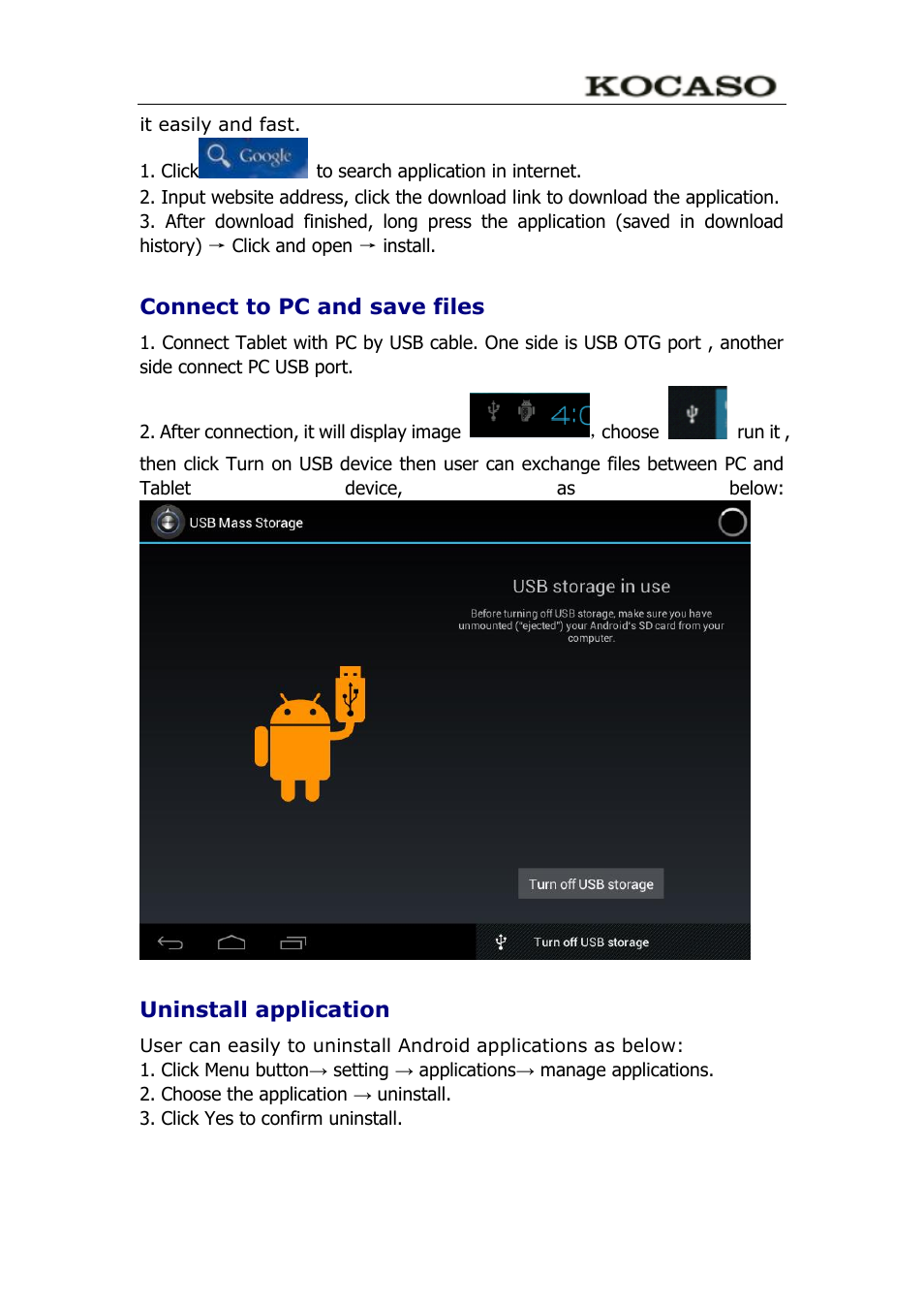 Connect to pc and save files, Uninstall application | KOCASO M752 User Manual | Page 14 / 32