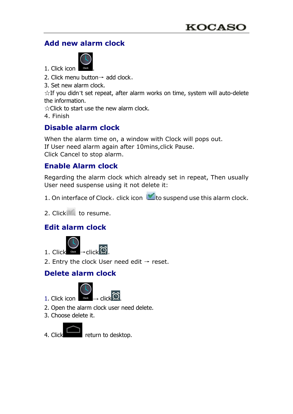 Add new alarm clock, Disable alarm clock, Enable alarm clock | Edit alarm clock, Delete alarm clock | KOCASO M752 User Manual | Page 16 / 32