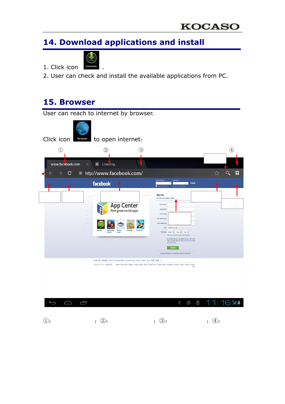 Download applications and install, Browser | KOCASO M752 User Manual | Page 17 / 32