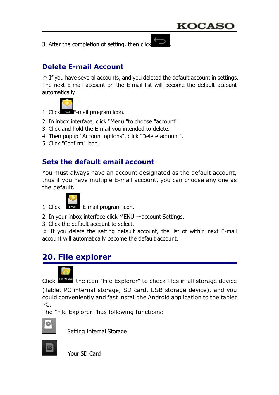 Delete e-mail account, Sets the default email account, File explorer | KOCASO M752 User Manual | Page 21 / 32