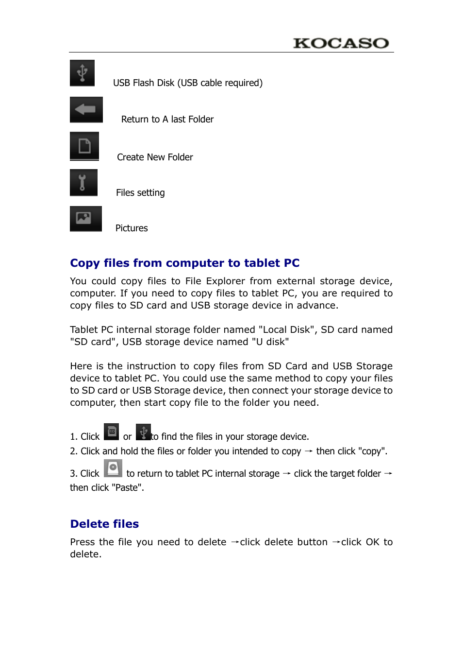 Copy files from computer to tablet pc, Delete files | KOCASO M752 User Manual | Page 22 / 32