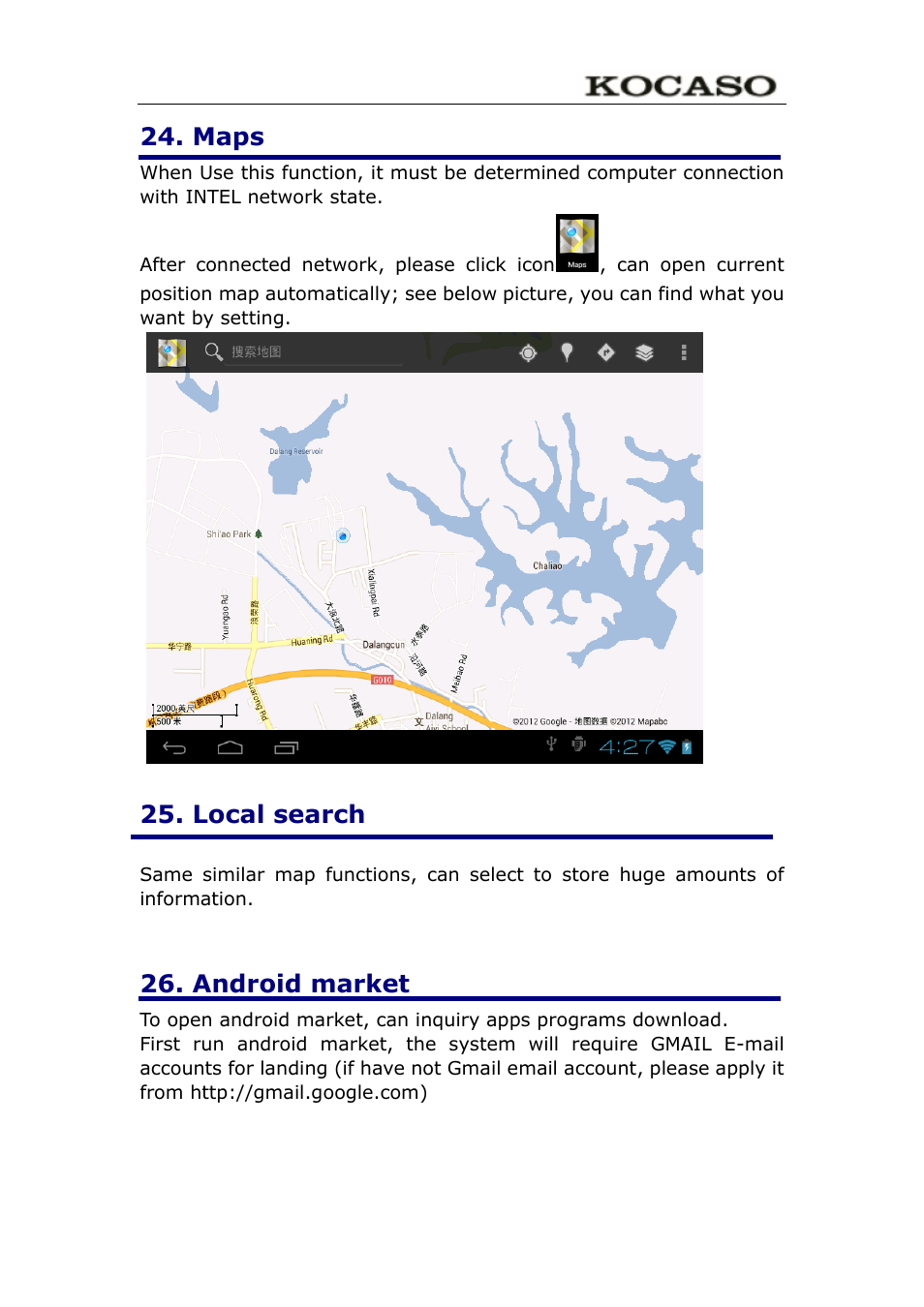 Local search, Android market, Maps | KOCASO M752 User Manual | Page 25 / 32