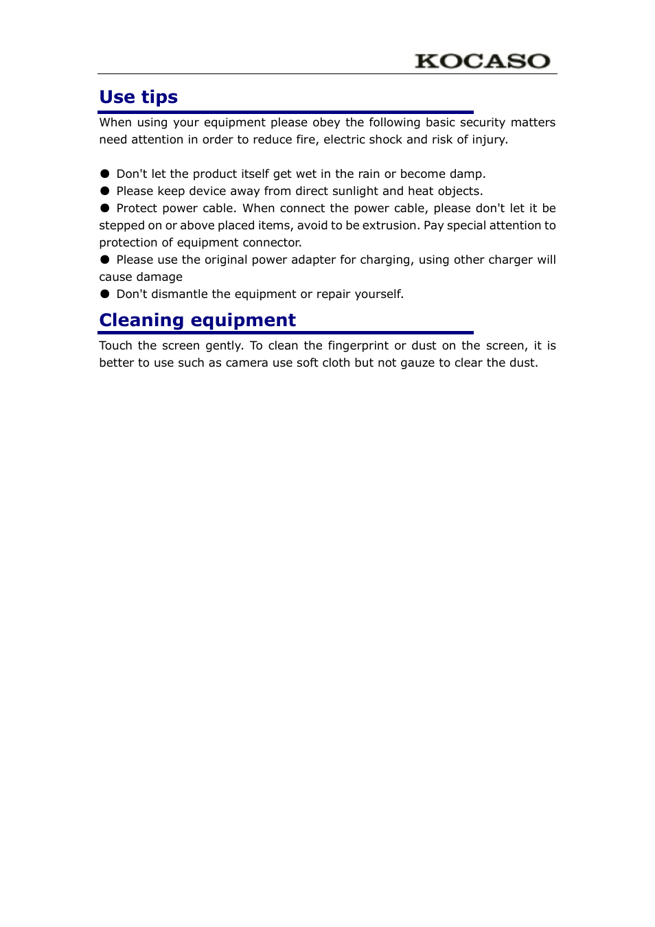 Use tips, Cleaning equipment | KOCASO M752 User Manual | Page 3 / 32