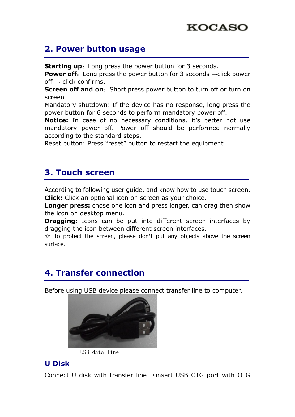 Power button usage, Touch screen, Transfer connection | U disk | KOCASO M752 User Manual | Page 5 / 32