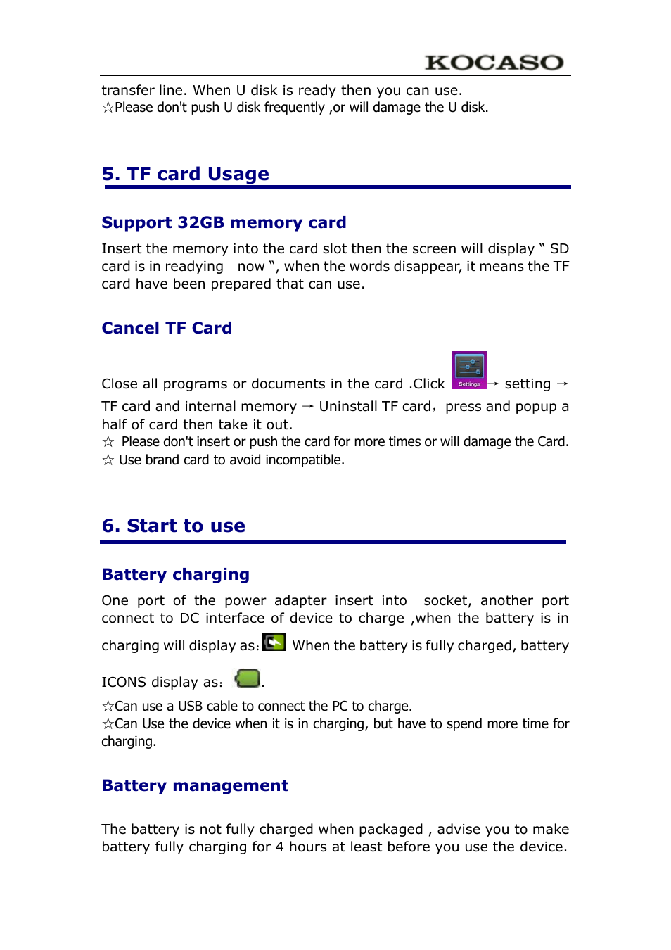 Tf card usage, Support 32gb memory card, Cancel tf card | Start to use, Battery charging, Battery management | KOCASO M752 User Manual | Page 6 / 32