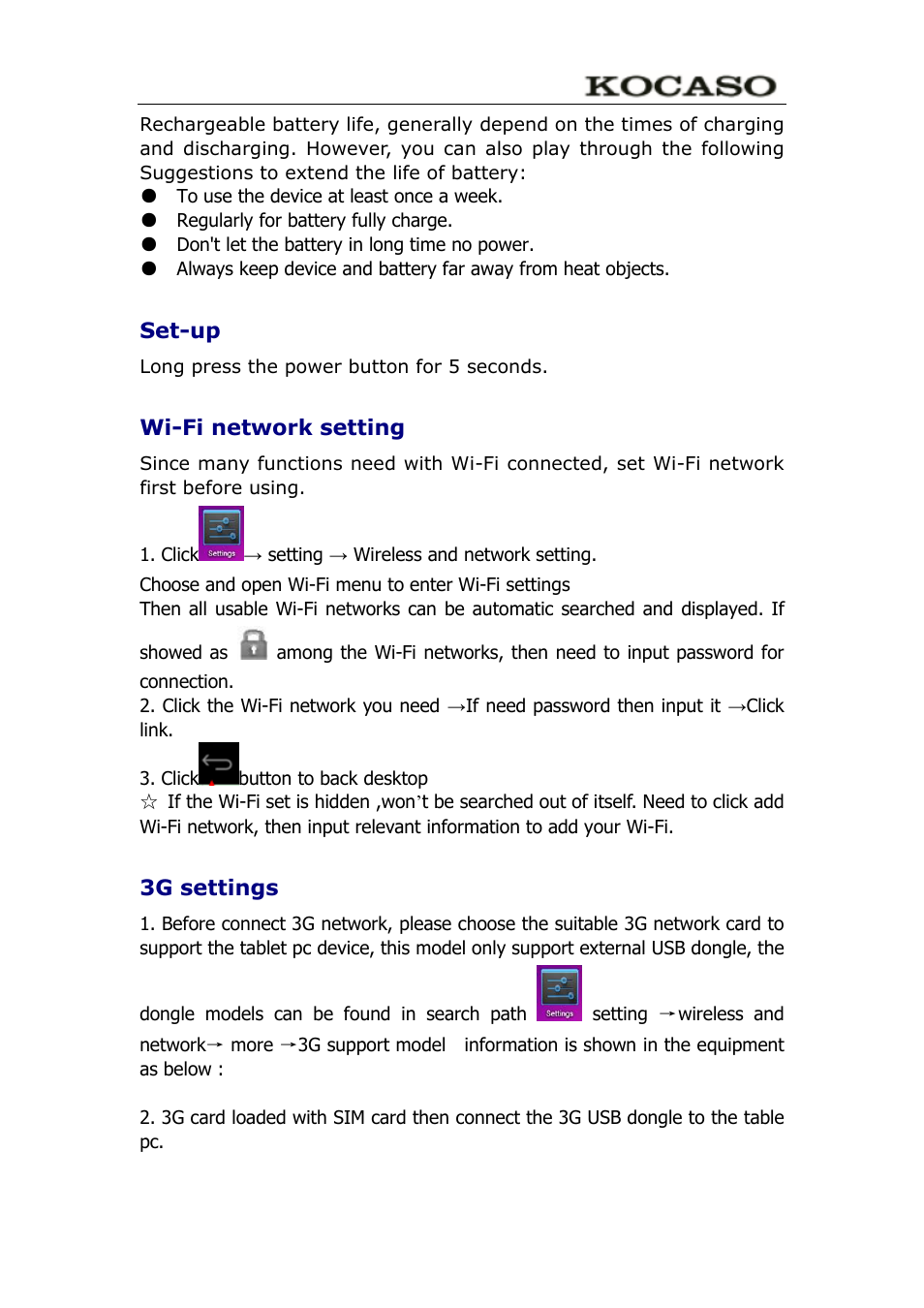 Set-up, Wi-fi network setting, 3g settings | KOCASO M752 User Manual | Page 7 / 32