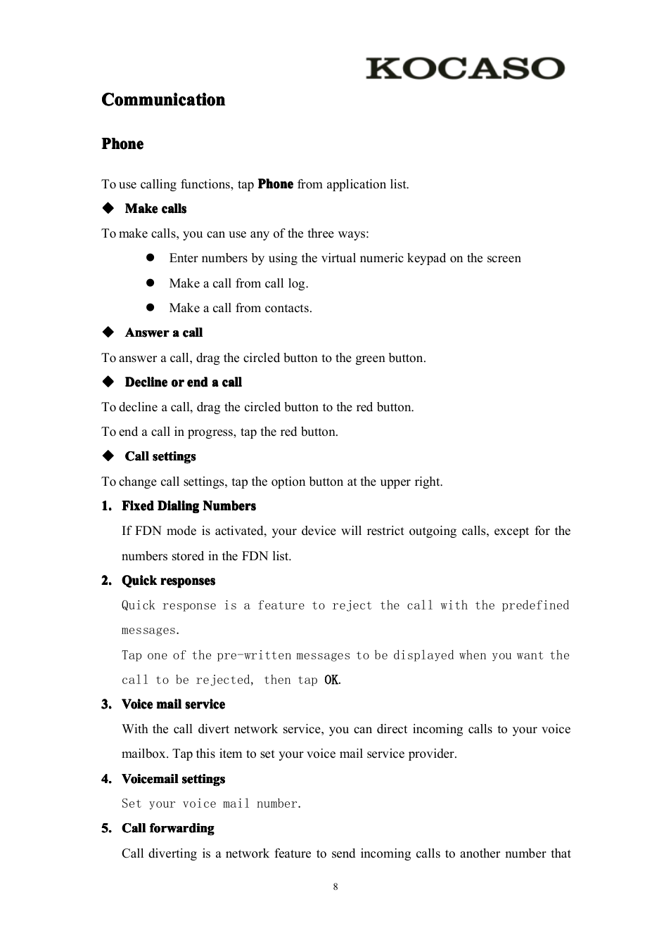 Communication, Phone | KOCASO M756 User Manual | Page 10 / 28