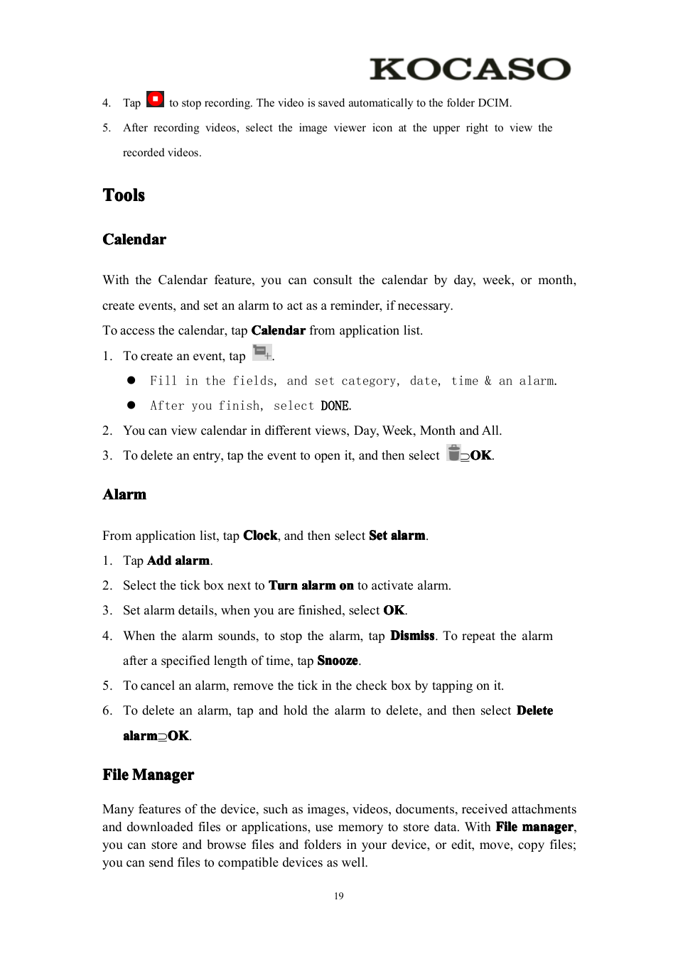 Tools, Calendar, Alarm | Filemanager, File manager | KOCASO M756 User Manual | Page 21 / 28