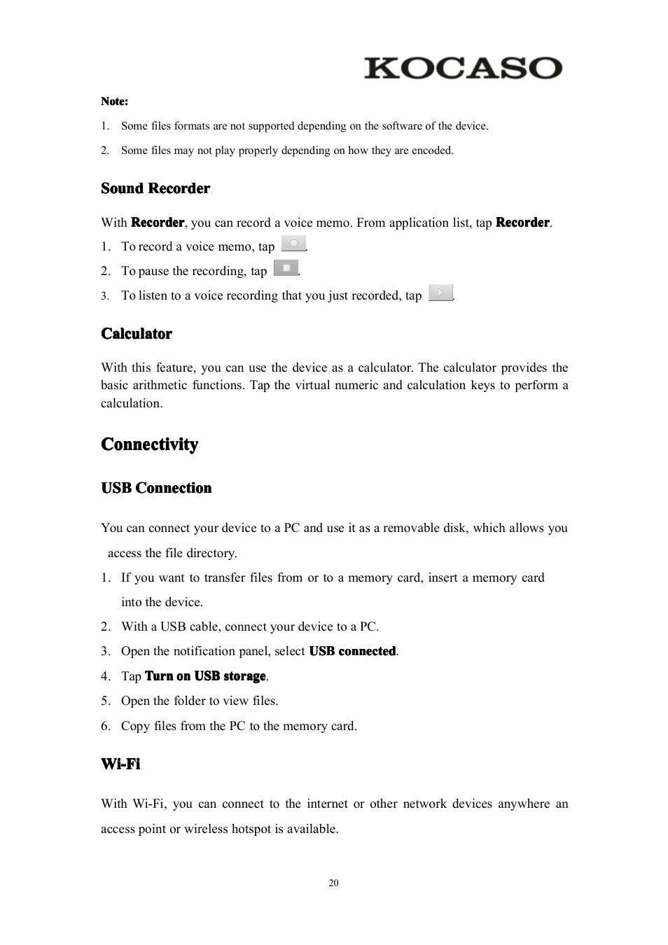 Soundrecorder, Calculator, Connectivity | Usbconnection, Wi-fi, Sound recorder, Usb connection | KOCASO M756 User Manual | Page 22 / 28