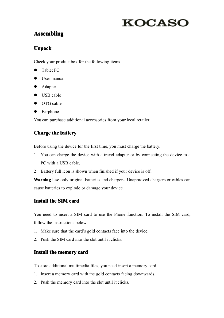 Assembling, Unpack, Chargethebattery | Installthesimcard, Installthememorycard, Charge the battery, Install the sim card, Install the memory card | KOCASO M756 User Manual | Page 3 / 28