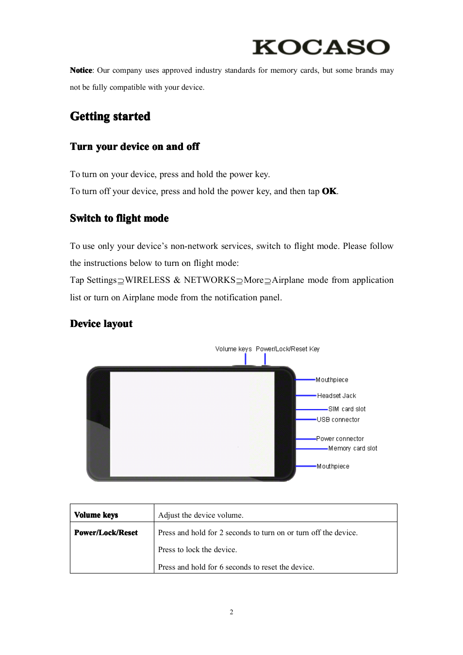 Gettingstarted, Turnyourdeviceonandoff, Switchtoflightmode | Devicelayout, Getting, Getting started, Started, Turn your device on and off, Switch to flight mode, Device layout | KOCASO M756 User Manual | Page 4 / 28