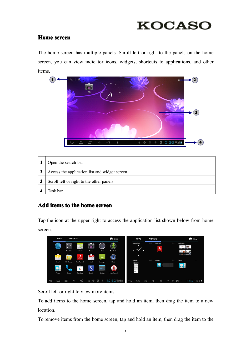 Homescreen, Additemstothehomescreen, Home screen | Add items to the home screen, Home, Home home screen screen screen screen | KOCASO M756 User Manual | Page 5 / 28
