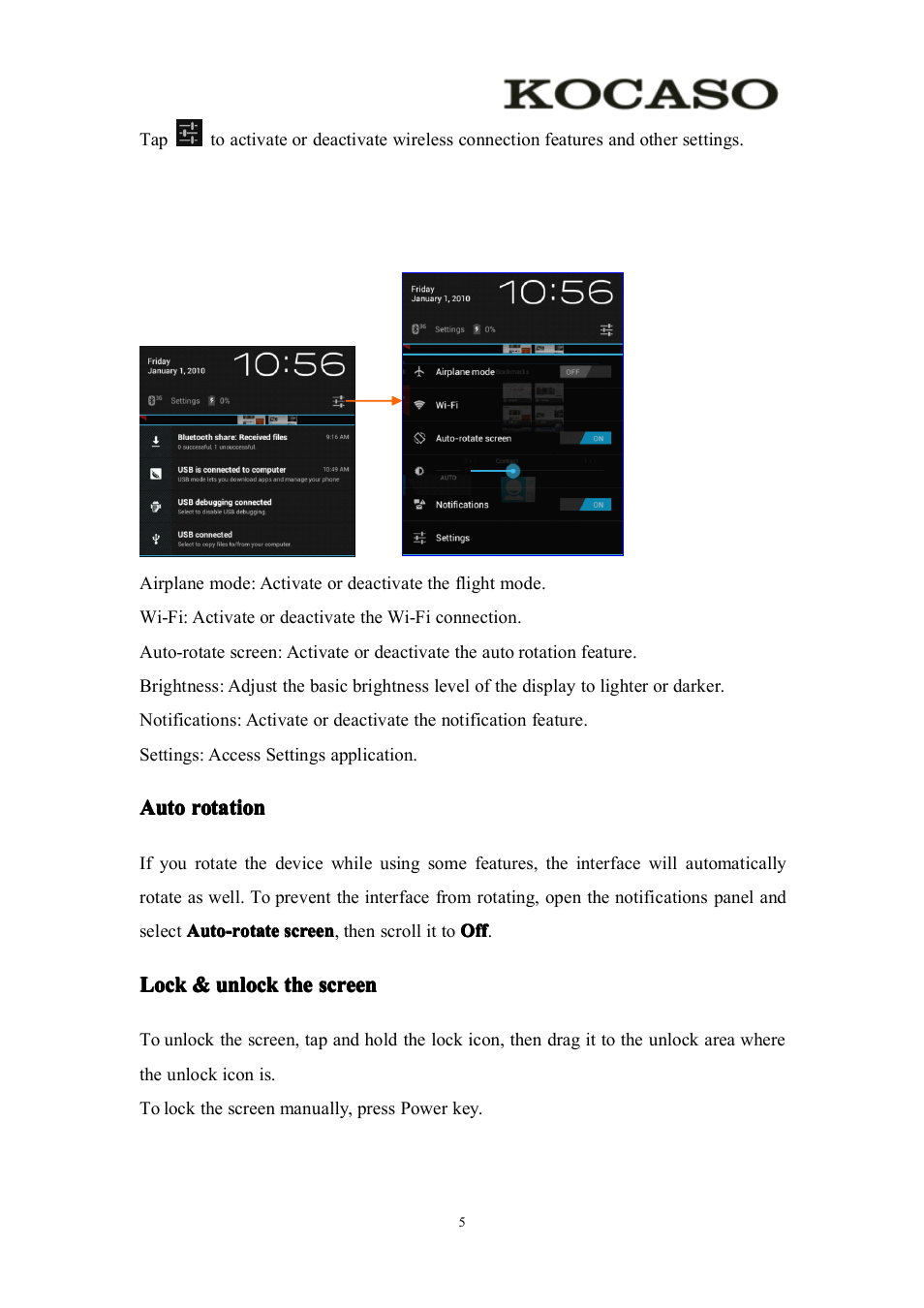 Autorotation, Lock&unlockthescreen, Auto rotation | Lock & unlock the screen | KOCASO M756 User Manual | Page 7 / 28