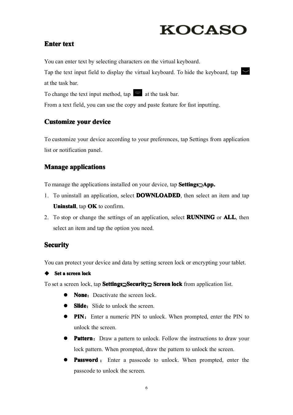 Entertext, Customizeyourdevice, Manageapplications | Security, Enter text, Customize your device, Manage applications | KOCASO M756 User Manual | Page 8 / 28