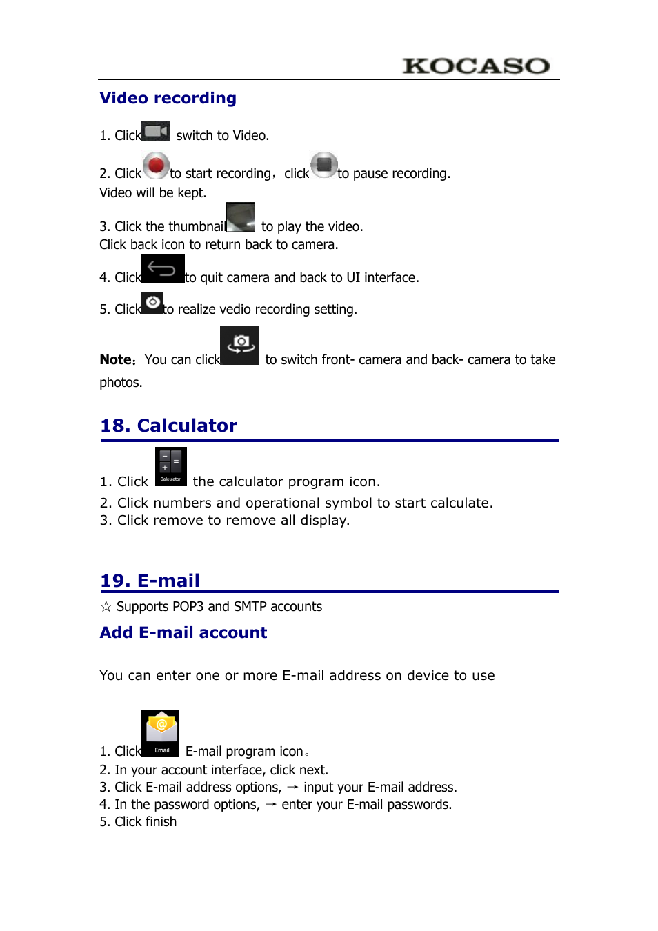 Video recording, Calculator, E-mail | Add e-mail account | KOCASO M772 User Manual | Page 19 / 30