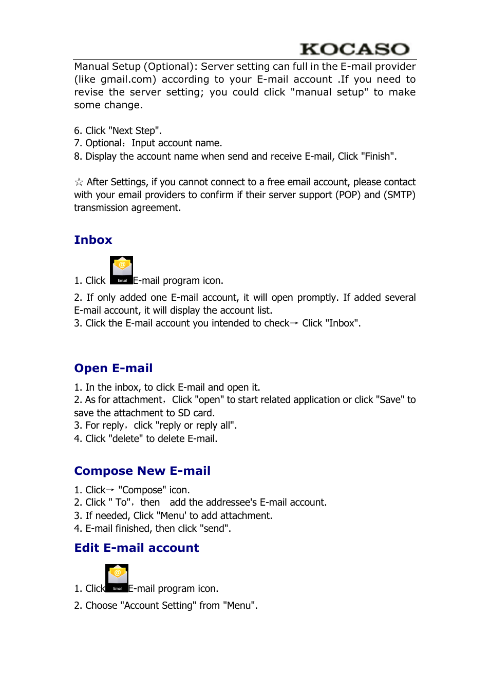 Inbox, Open e-mail, Compose new e-mail | Edit e-mail account | KOCASO M772 User Manual | Page 20 / 30