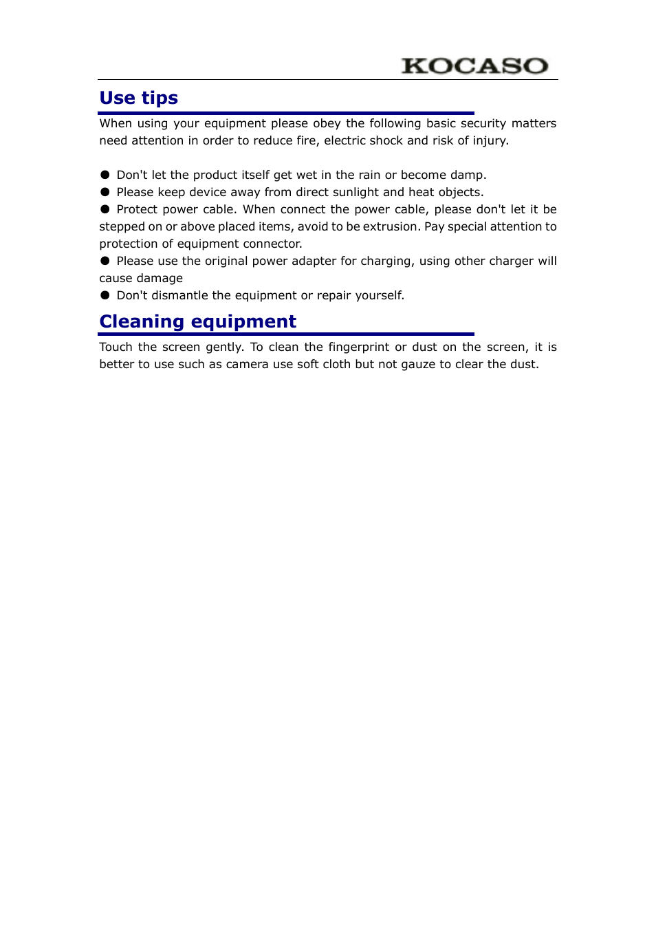 Use tips, Cleaning equipment | KOCASO M772 User Manual | Page 3 / 30