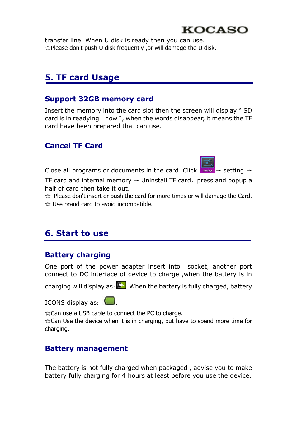 Tf card usage, Support 32gb memory card, Cancel tf card | Start to use, Battery charging, Battery management | KOCASO M772 User Manual | Page 6 / 30