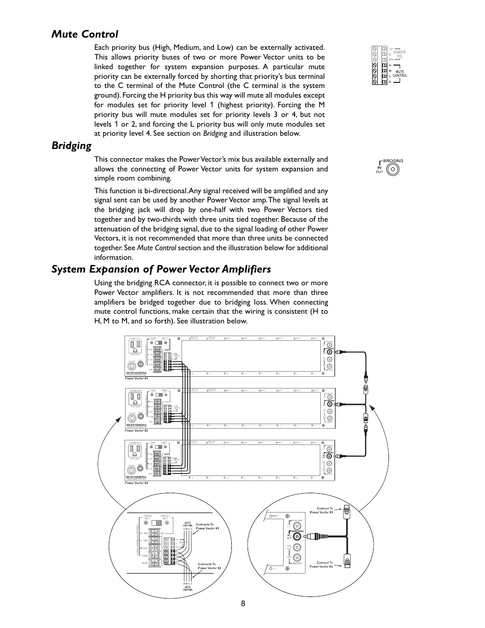 Mute control, Bridging, System expansion of power vector amplifiers | Bogen V35 User Manual | Page 10 / 16