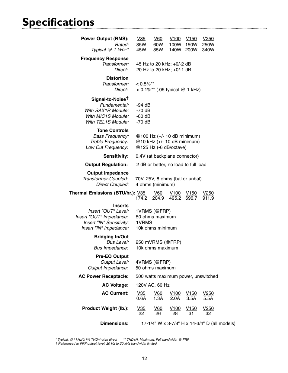 Specifications | Bogen V35 User Manual | Page 14 / 16