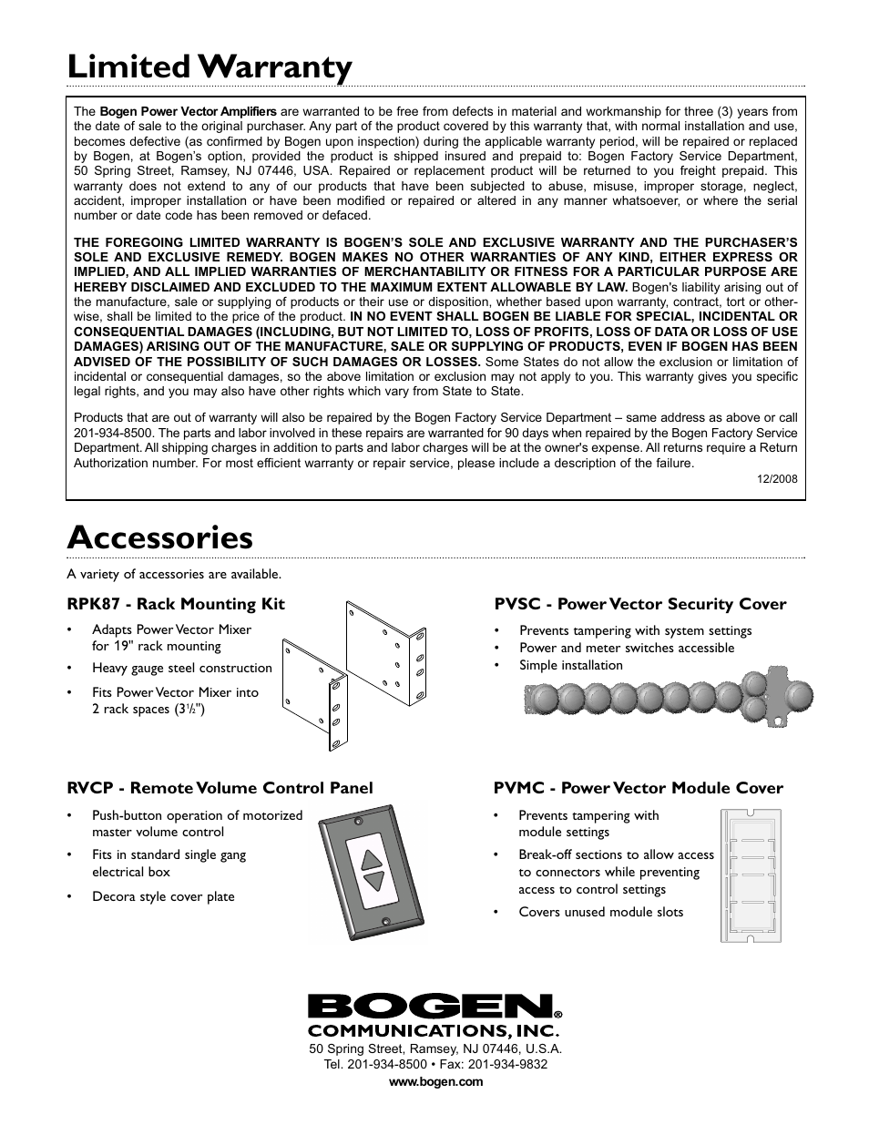 Limited warranty, Accessories | Bogen V35 User Manual | Page 16 / 16